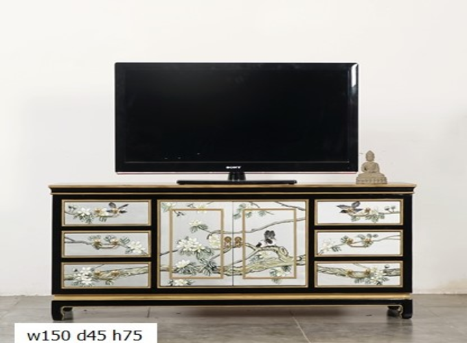 11 Custom make 2tone colour (black/grey) birds & floral 2door and 6drawer TV sideboard