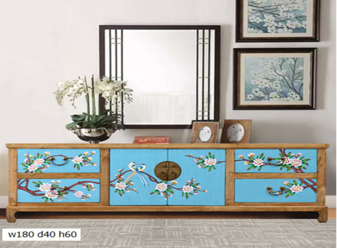 12 Custom make 2tone colour (natural wood/light blue) birds & floral 2door and 4drawer TV sideboard