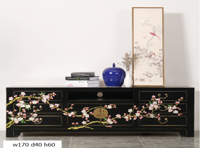 18 Custom make black piping floral 2door & 6drawer TV sideboard