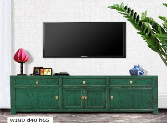 01 Custom make antique green 3drawer 4door low TV sideboard