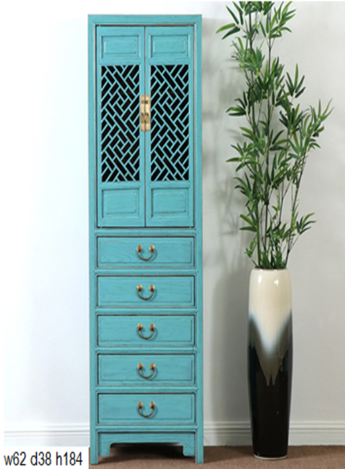 14 Custom make light antique blue 5drawer & 2lattice door slim cabinet