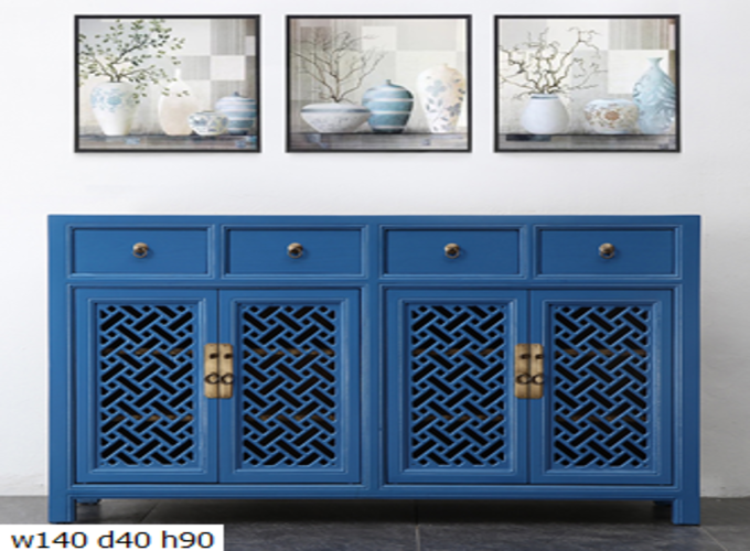 22 Custom make blue 4drawer & 4 lattice door high sideboard